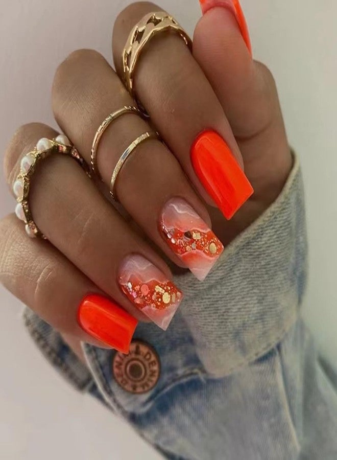 CTTHNBD Medium Press on Nails Square - Orange Fake Nails with Gold Foil Design - Glossy Full Cover Stick on False Nails - for Women 24 Pcs - Image 1